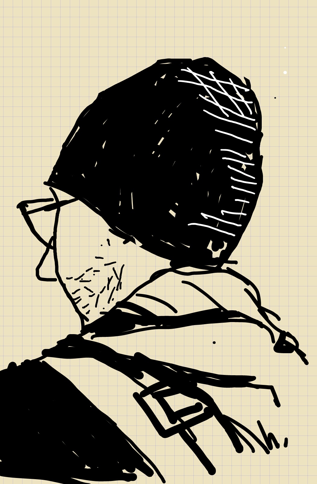 A man in a beanie and glasses, sketched from behind.