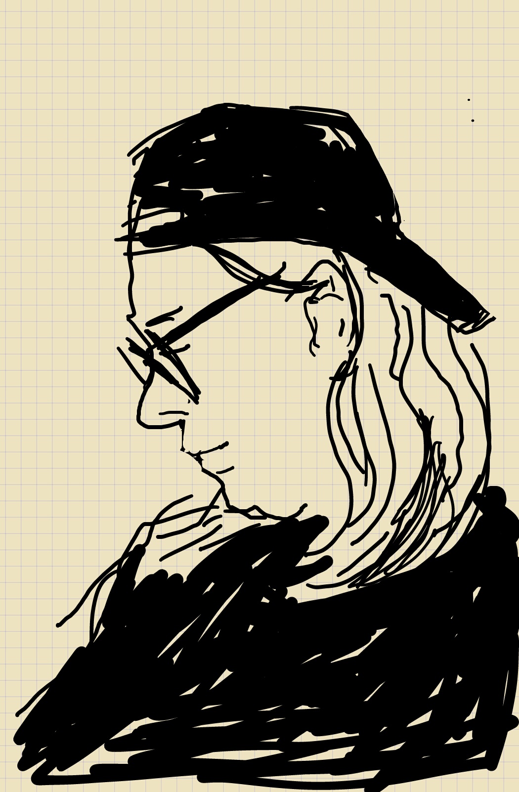 A profile sketch of a woman wearing a cap backwards.