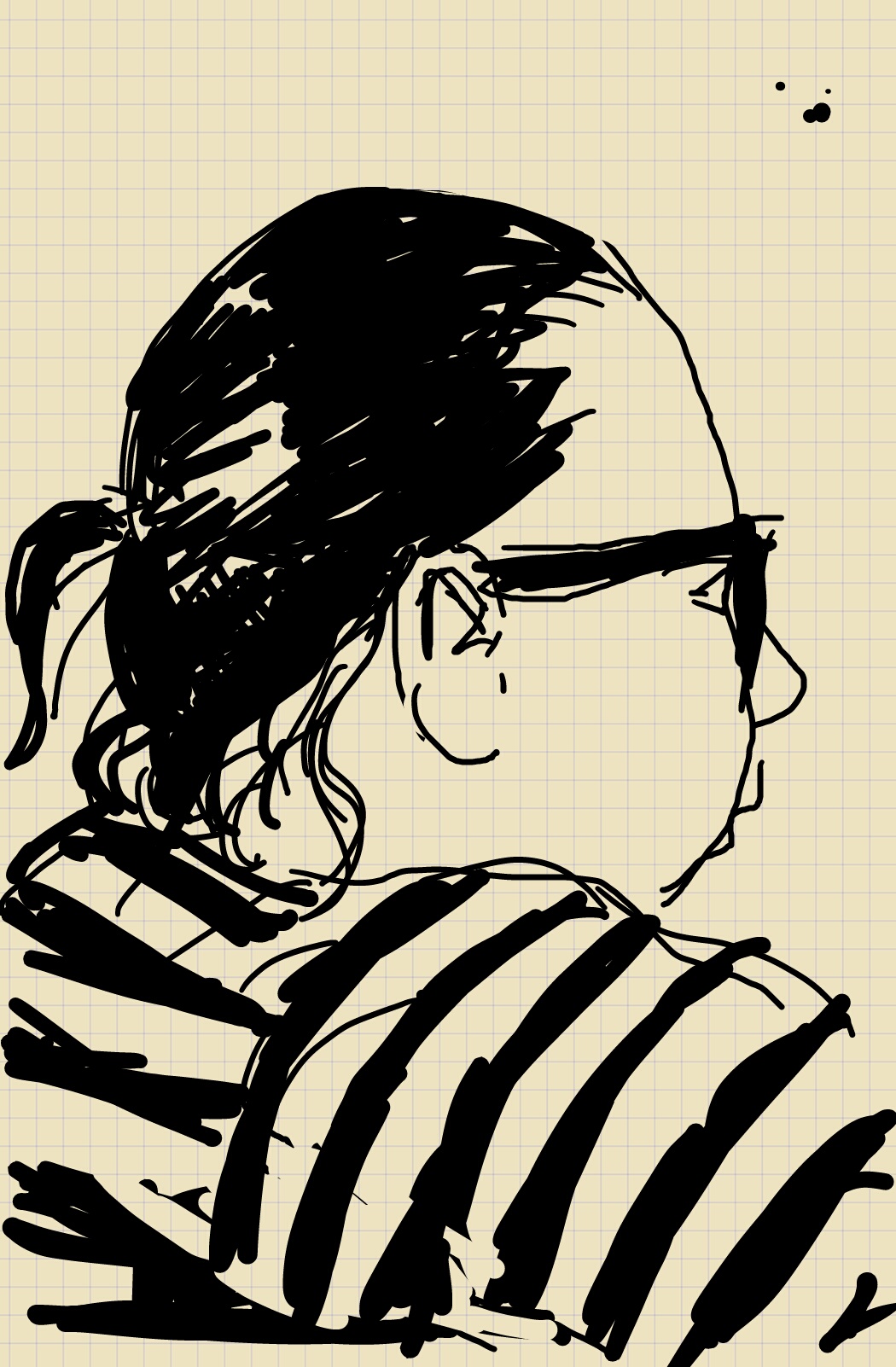 A profile sketch of a woman wearing a striped shirt, with her black hair tied back.