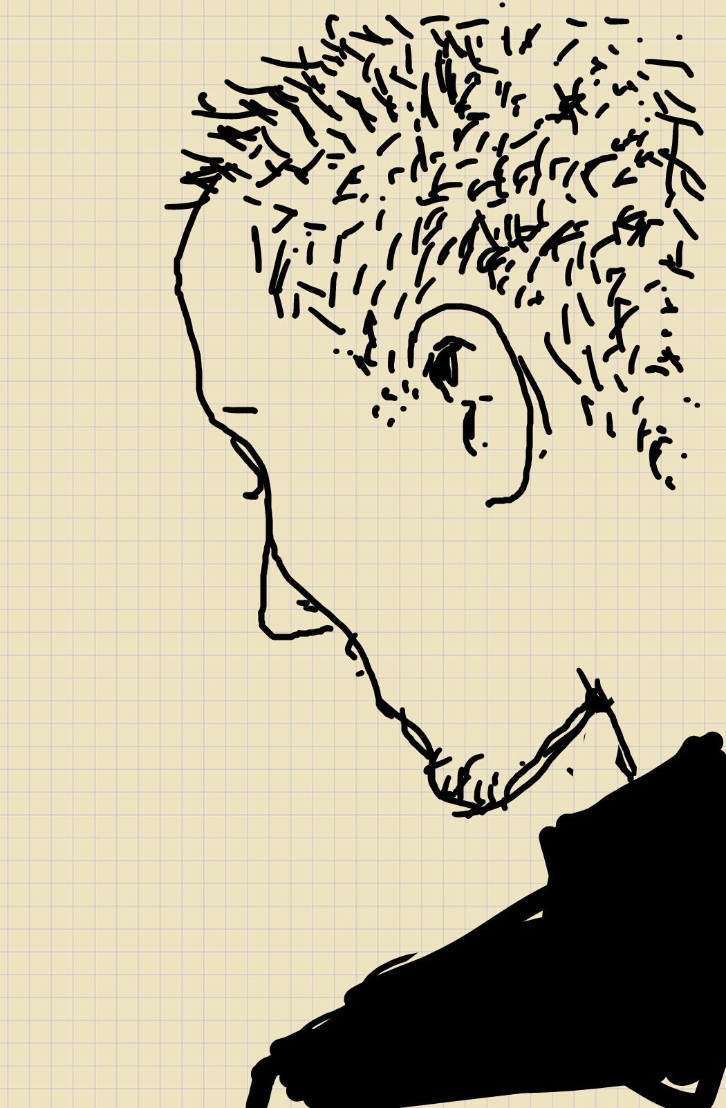 A side-on sketch of a young man with spiky hair, looking downwards. His eyes are hidden.