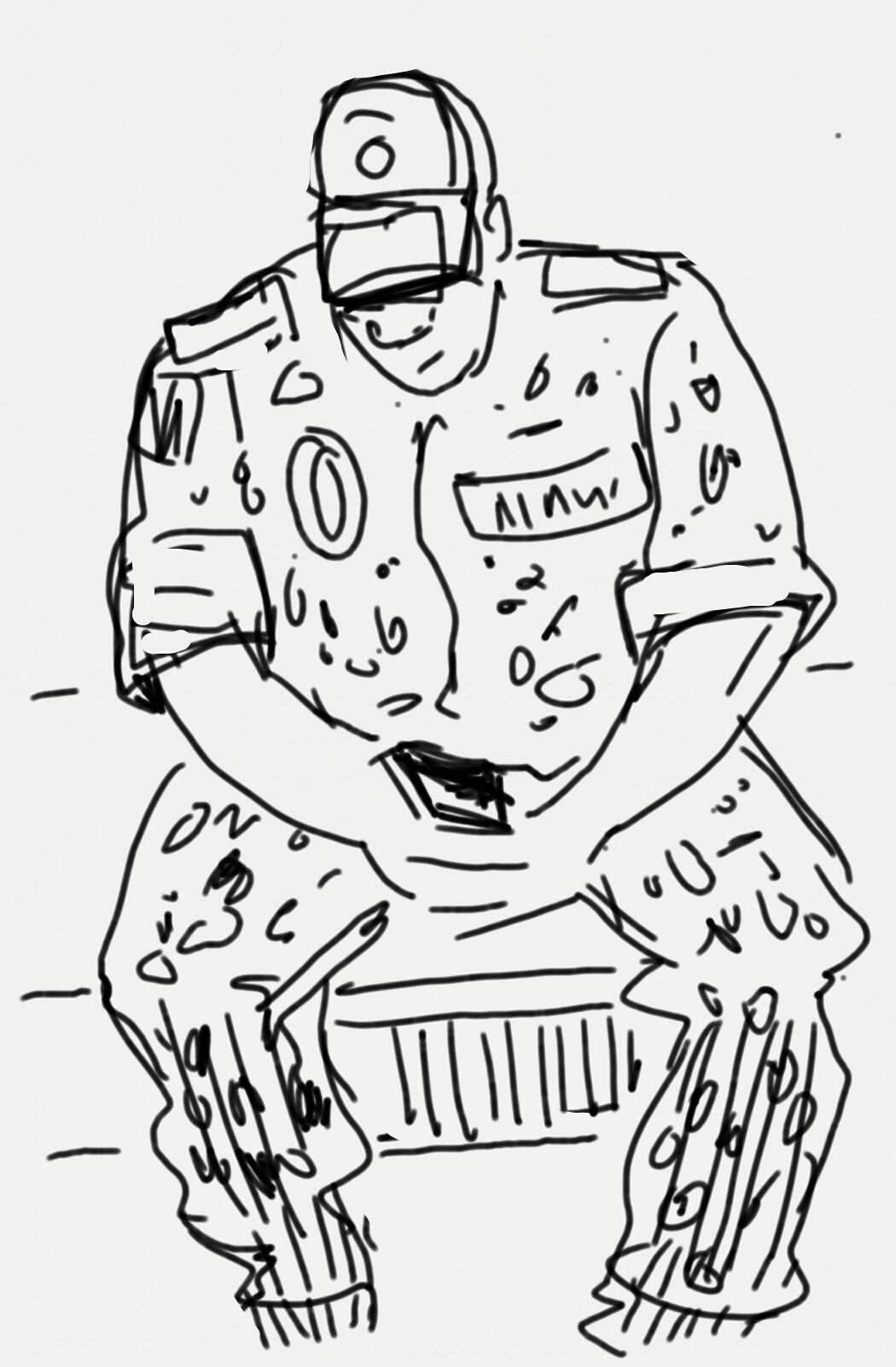 A sketch of a large man hunched over a small phone