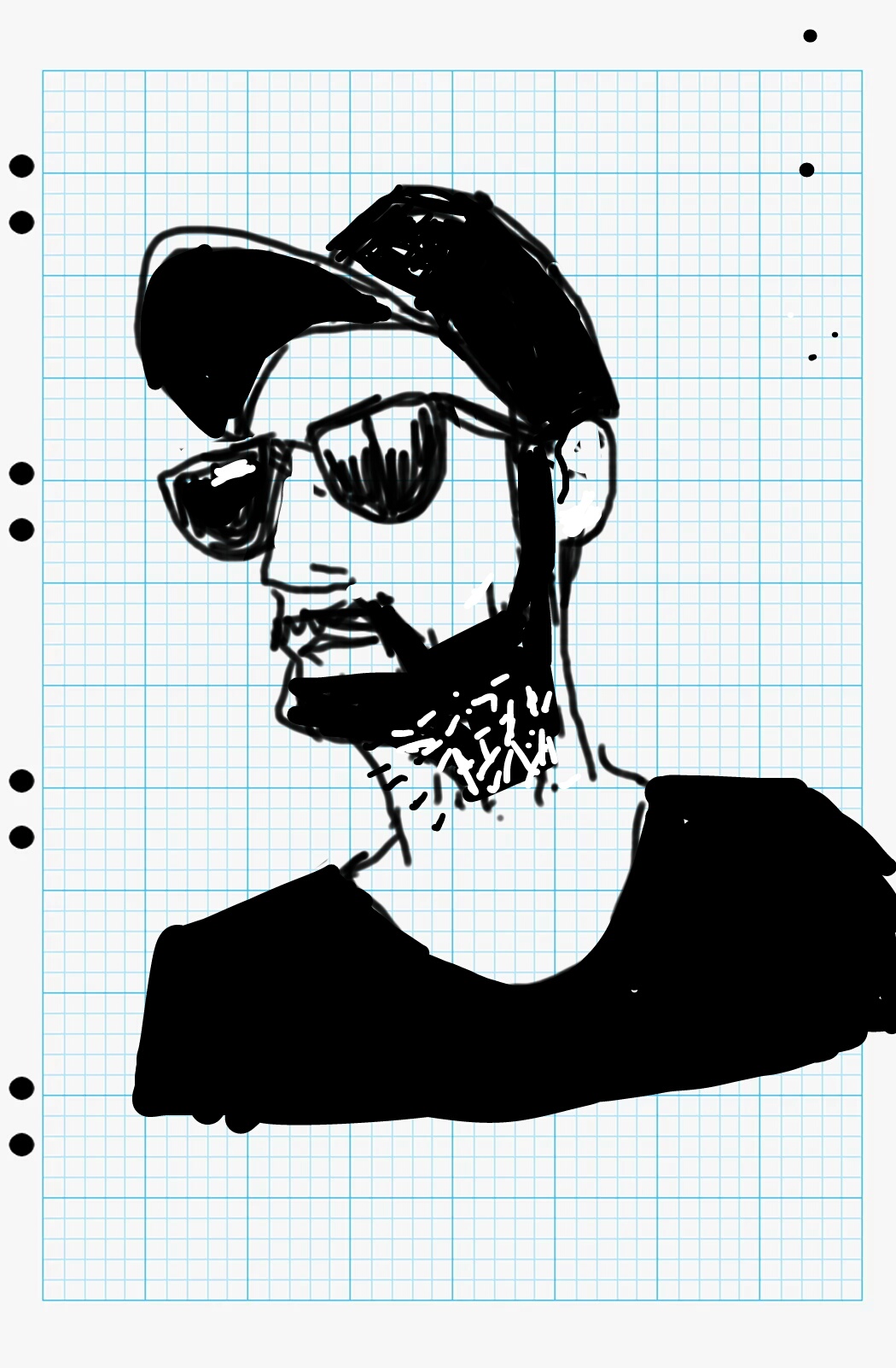 A sketch of a young man with a beard, a cap and a black tee shirt.