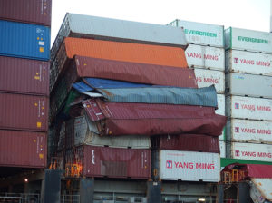Crushed containers on the YM Efficiency. Photography by Reverend Un Tay